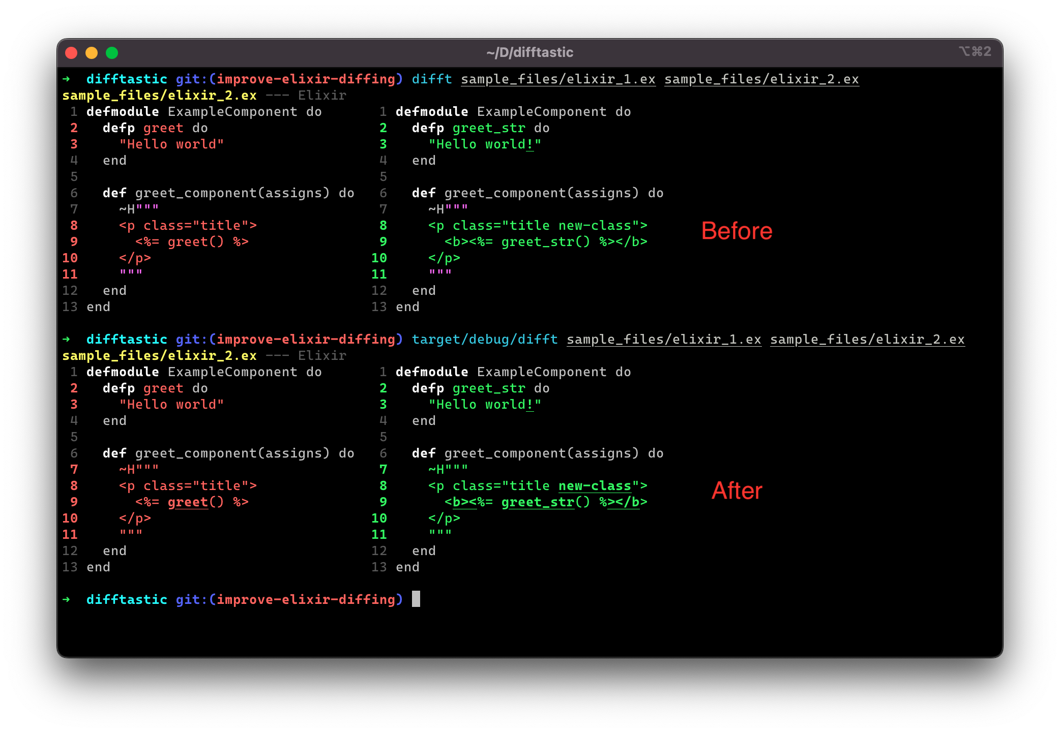 Difftastic can now highlight changes inside Elixir ~H sigils properly