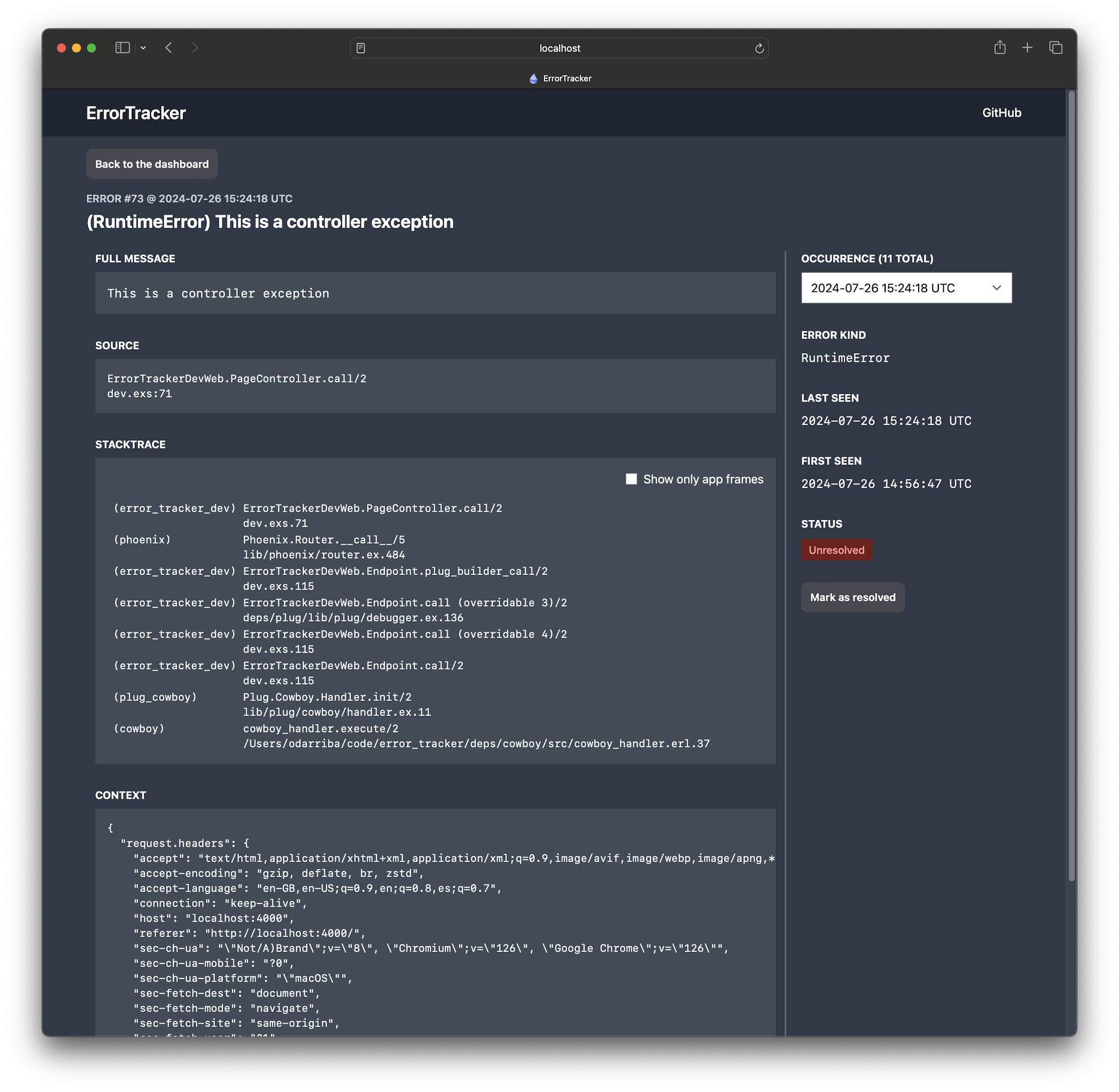 ErrorTracker dashboard showing an error